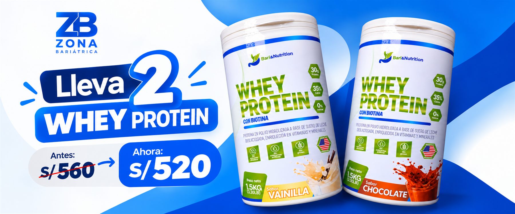 Lleva 2 Whey Protein: antes S/ 560, ahora S/ 520