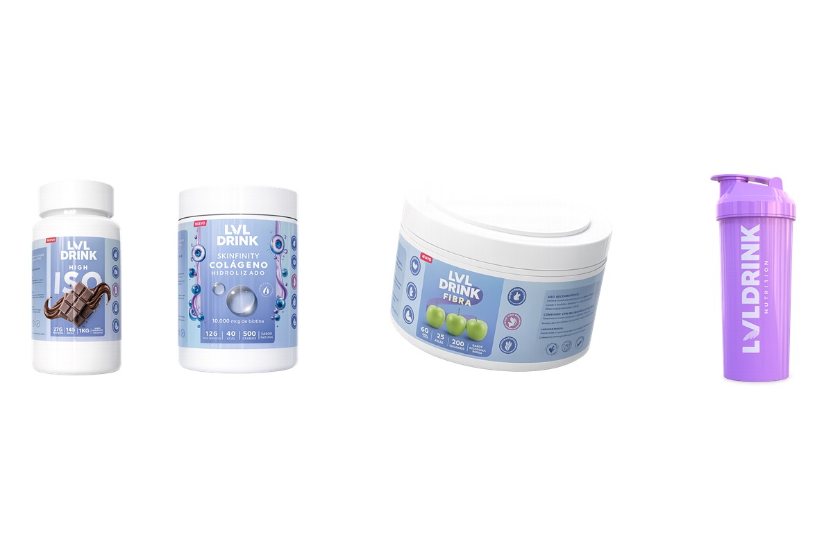Pack completo LVL — proteína, colágeno, fibra y shaker
